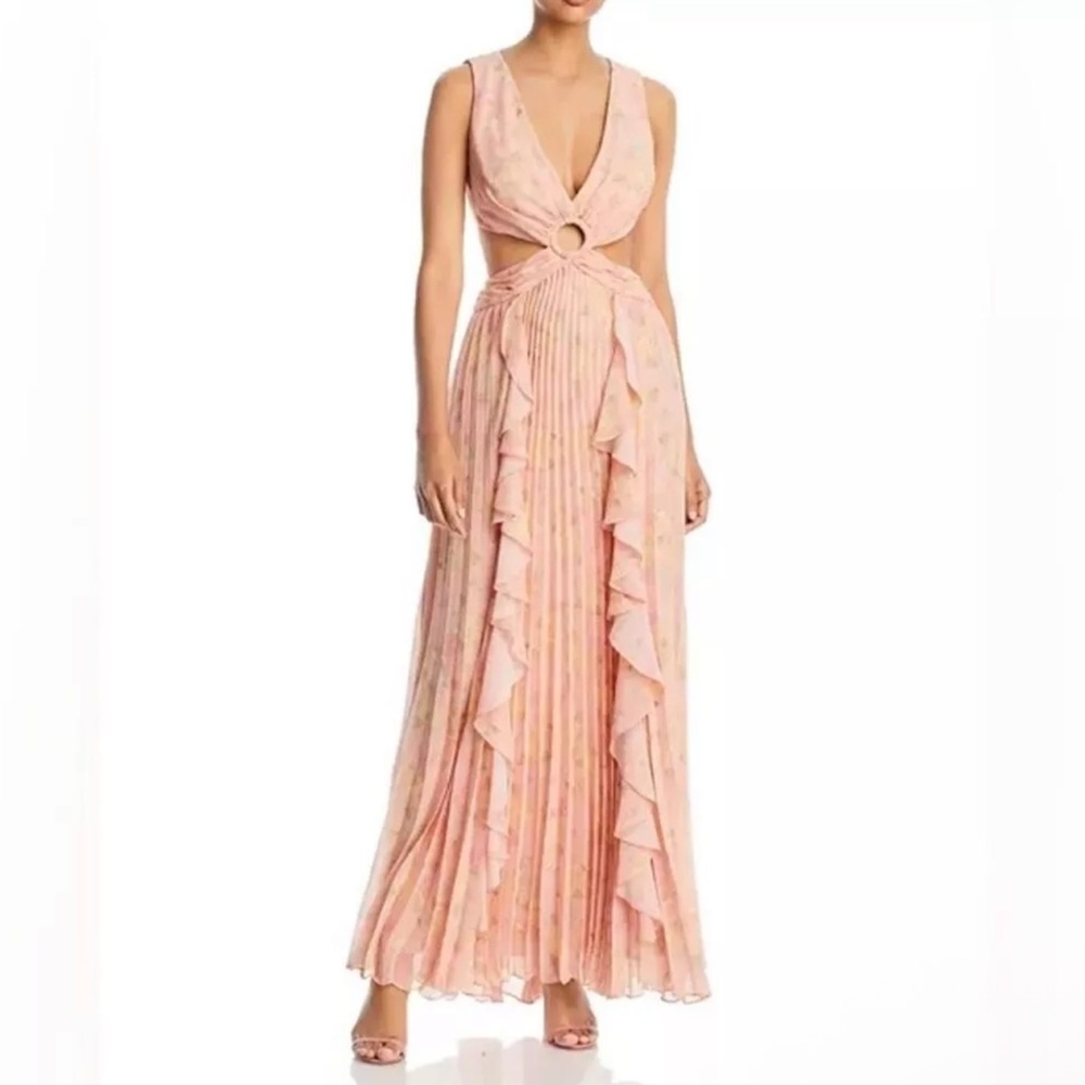 Aqua Formal Floral Cutout A-Line Long Gown Dress Ruffle Skirt Peach Size 6